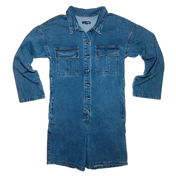 Fashion Nova Oversized Denim Long-Sleeve Button-Up Short Jumpsuit w/ Pockets XS - Picture 2 of 11